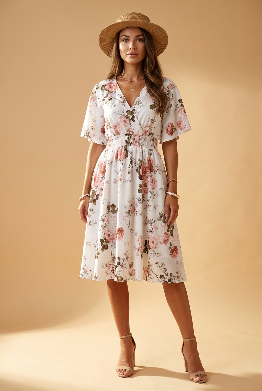 Midi-Kleid mit floralem Print, weiß