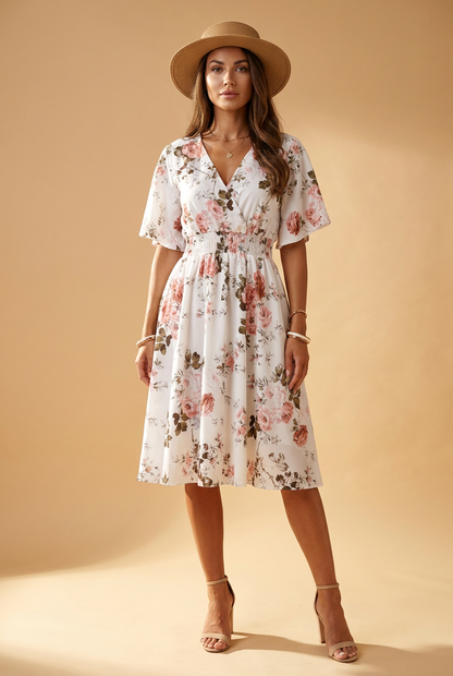 Midi-Kleid mit floralem Print, weiß