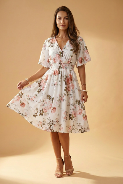 Midi-Kleid mit floralem Print, weiß