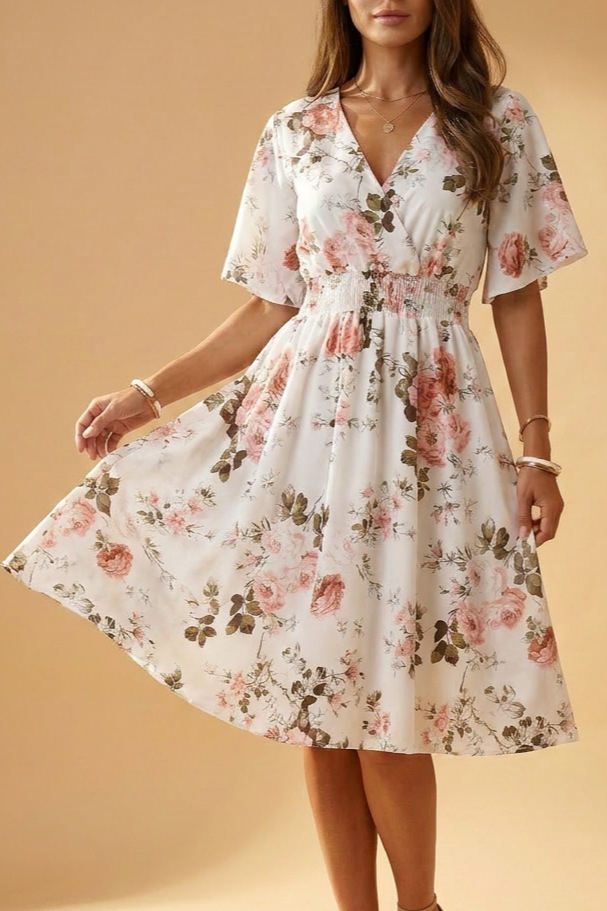 Midi-Kleid mit floralem Print, weiß