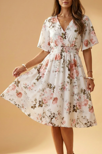 Midi-Kleid mit floralem Print, weiß