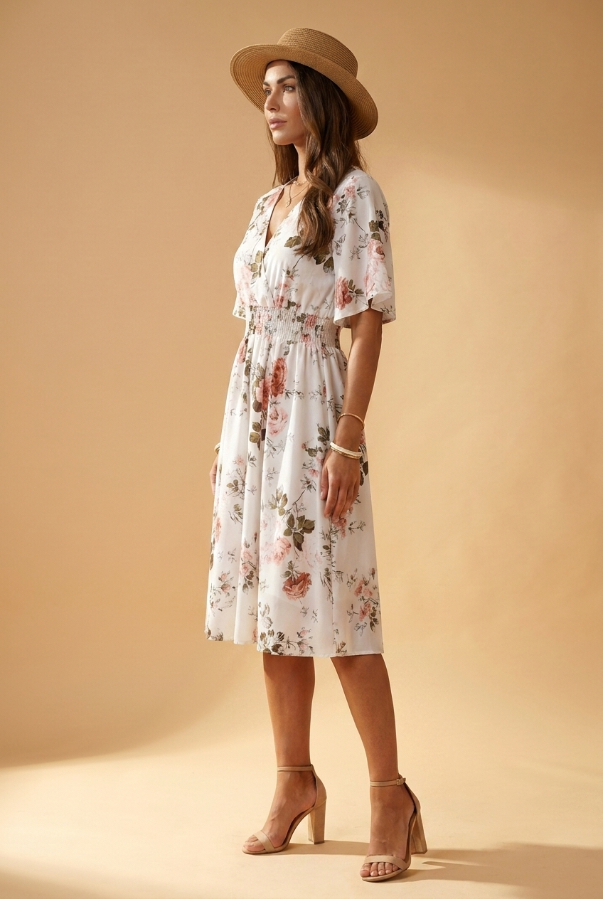 Midi-Kleid mit floralem Print, weiß