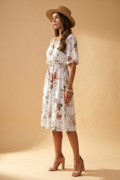 Midi-Kleid mit floralem Print, weiß