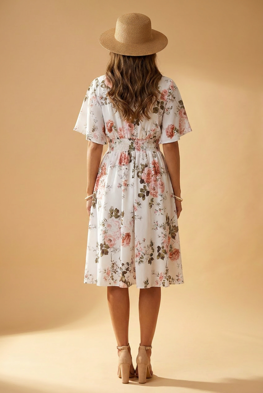 Midi-Kleid mit floralem Print, weiß