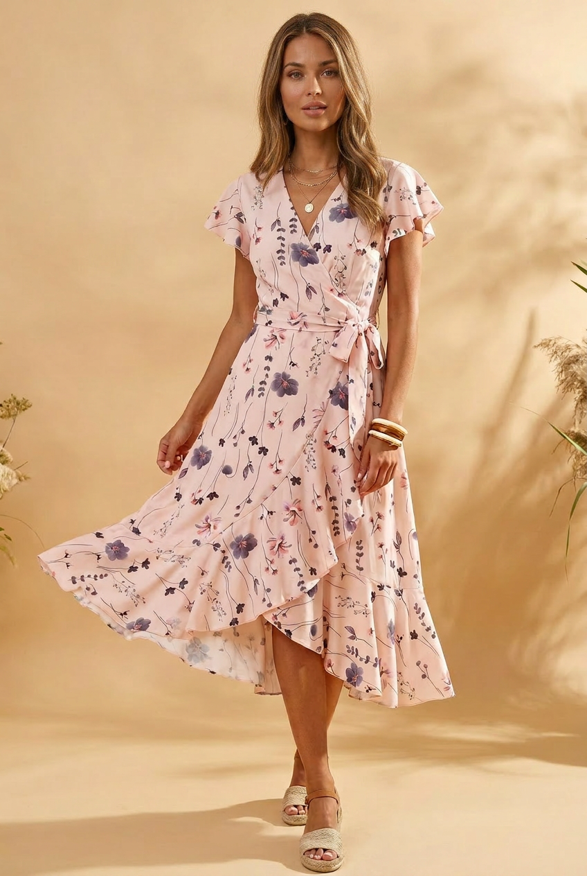 Midi Dress with Floral Print, Light Pink
