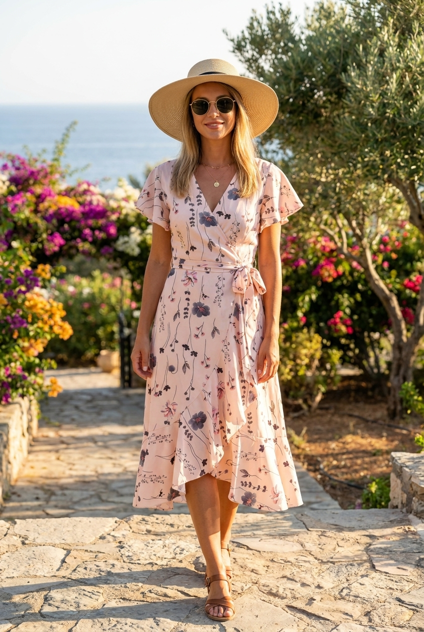 Midi Dress with Floral Print, Light Pink