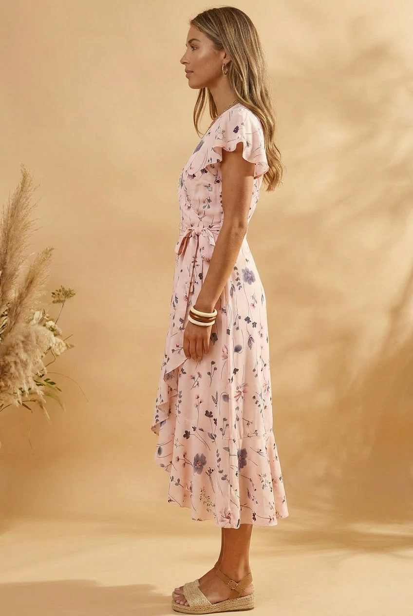 Midi Dress with Floral Print, Light Pink