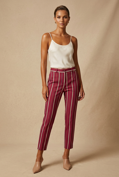 Calças compridas elegantes às riscas, vermelhas
