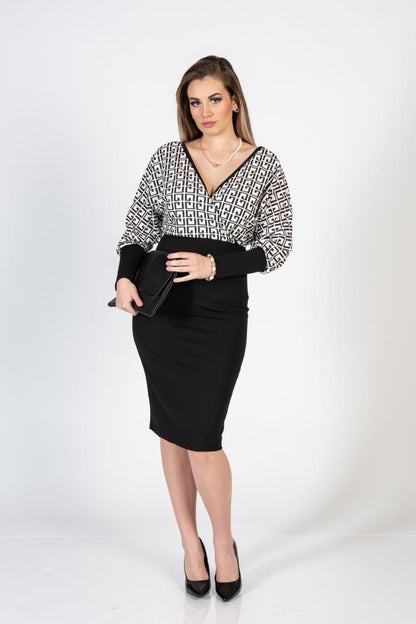 Rochie midi elegantă cu imprimeu geometric și decolteu petrecut Sonda