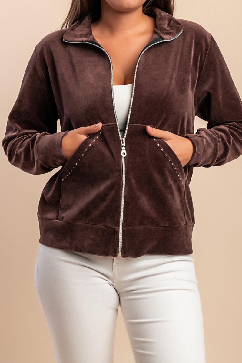 Cotton zip-up sweatshirt in imitation velvet