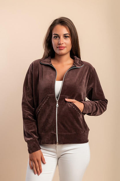 Cotton zip-up sweatshirt in imitation velvet