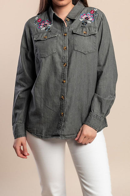Plus size denim shirt with embroidery