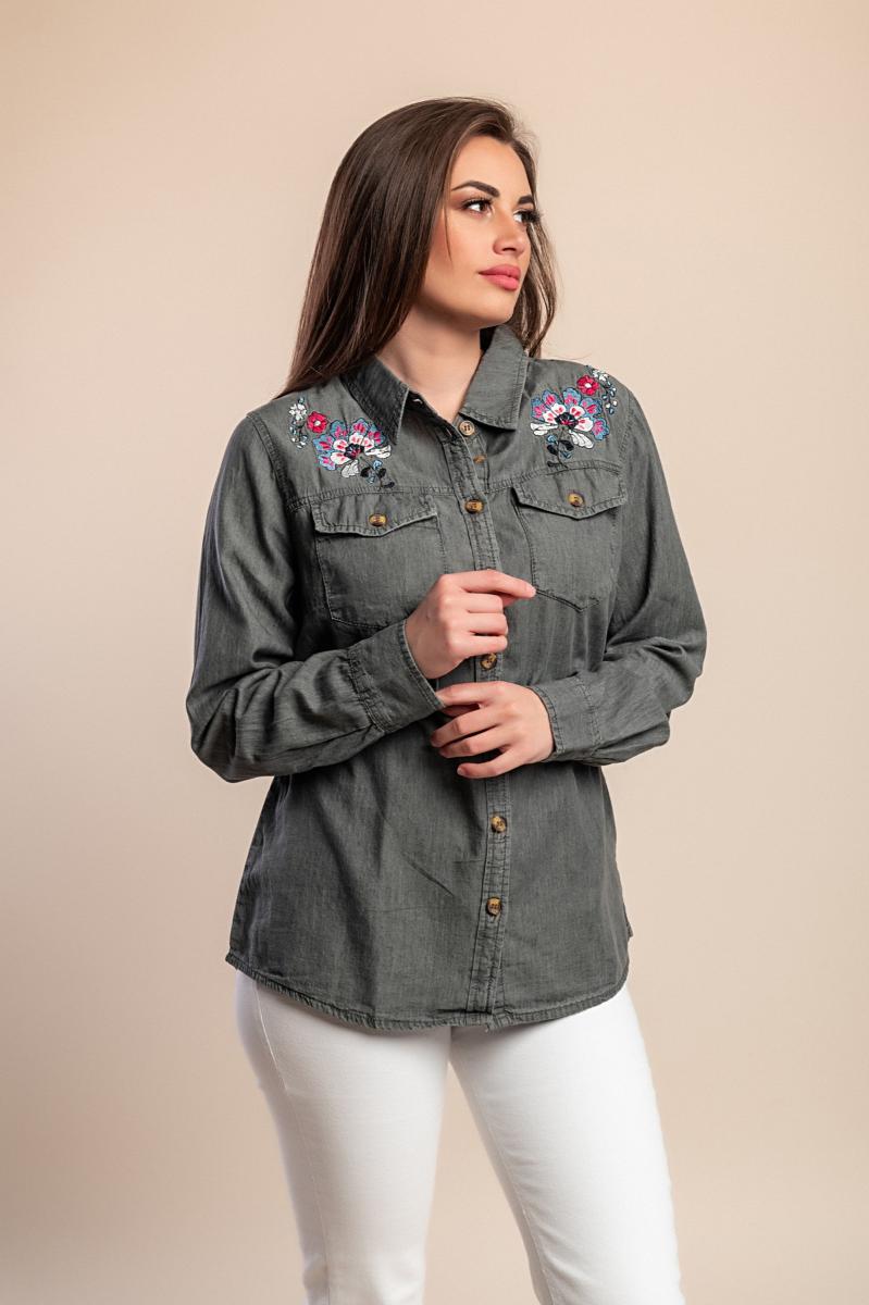 Plus size denim shirt with embroidery