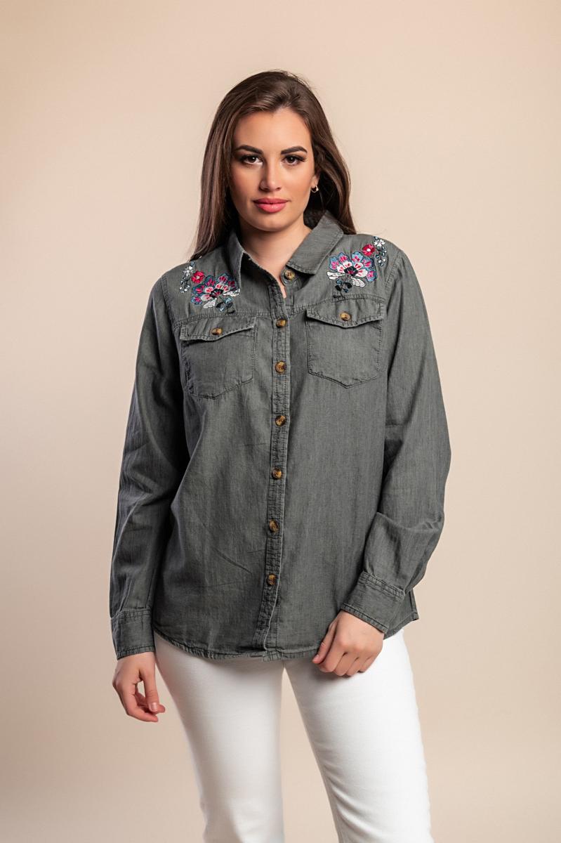 Plus size denim shirt with embroidery