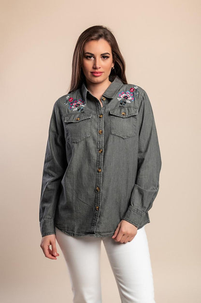 Plus size denim shirt with embroidery