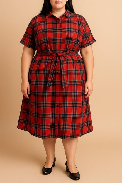 Vestido-camisa plus size com estampado aos quadrados