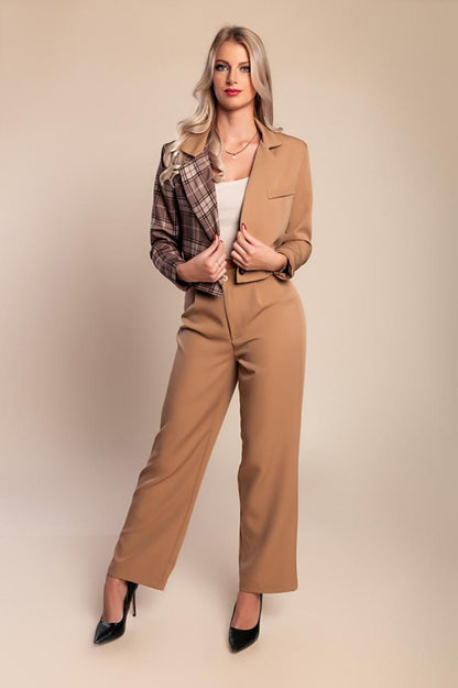 Completo elegante giacca-blazer e pantaloni fantasia a quadri