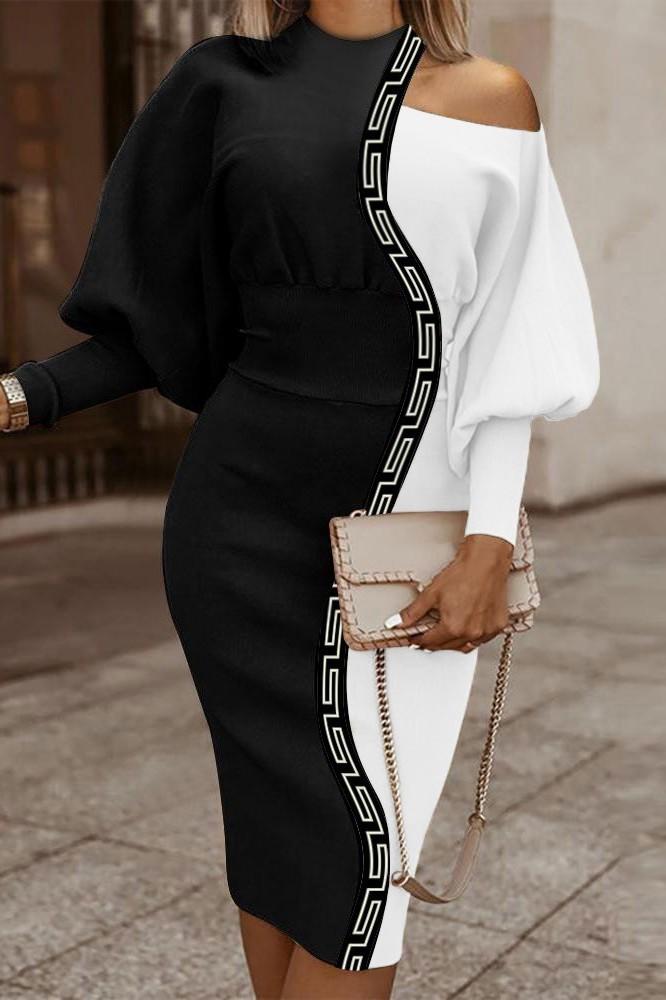Elegantní midi šaty s geometrickým potiskem