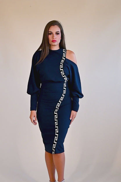 Elegante abito midi con stampa geometrica