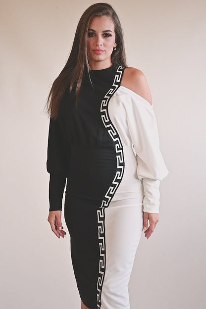Elegantní midi šaty s geometrickým potiskem