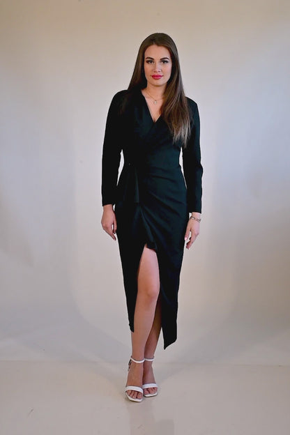 Abito midi elegante Brynlee con scollo a portafoglio, maniche a 3/4 e balze