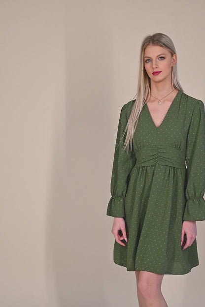 Olivgrünes Minikleid mit V-Ausschnitt